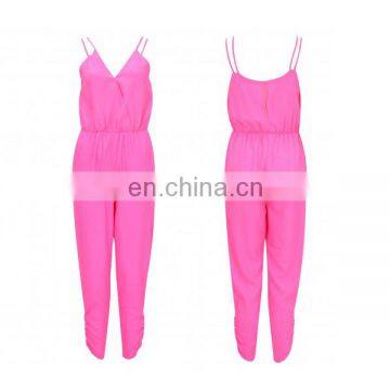 High Quality Double Strap Elastic Waist Hot Pink Casual Jumpsuit
