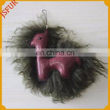 Cute design alpaca pattern mongolian lamb fur keychain with real leather bag charm accessory