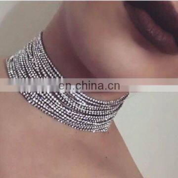 Multilayer Row Clear Rhinestone Silver Choker Collar Necklace