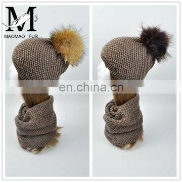 Wholesale Knitted Scarf Women Raccoon Fur Ball Winter Hat All in One Hat and Scarf photo-4