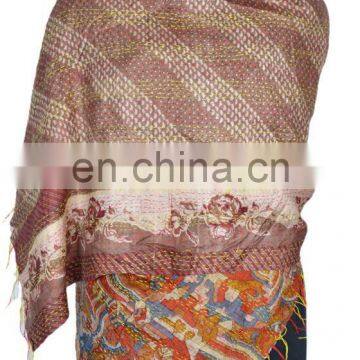 Silk Sari Shawl Reversible Handmade Re-cycled Silk Scarf / Stole Multicolor Multiuse Unique Handwoven Kantha Work Quilted Hijab photo-2