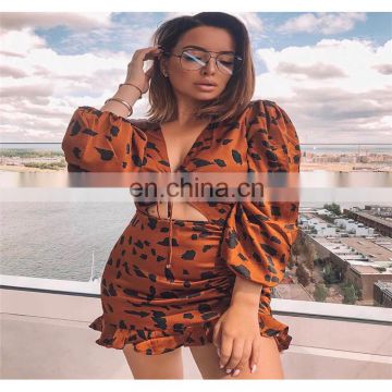 Womens Clothing Ruffled Leopard Print Long Sleeve Sexy Skirt Tank Top Two Piece Mini Skirt Set