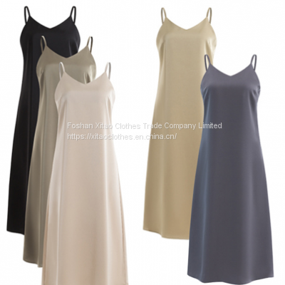 2022 summer new V-neck suspender dress women imitation three acetate satin face Hong Kong style celebrity solid color temperament long skirt