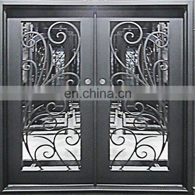 Black strong steel exterior french  door residential double arch wrought iron decorative front door