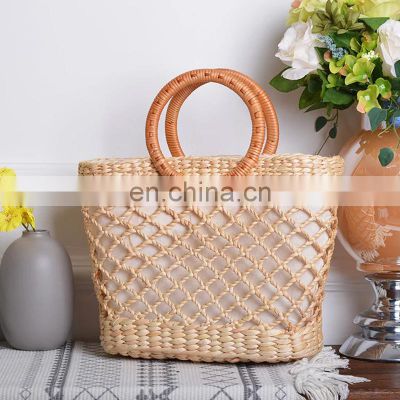 Handmade Bohemian Reticular Water Hyacinth Handle Bag For Mom Vintage