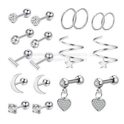 Stainless Steel Stud Earrings,Solid Rhinestone Cartilage Earrings Helix Ear Piercing Jewelry