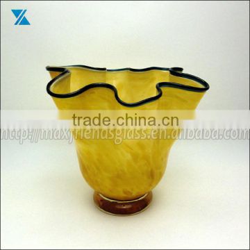 Hand Blown Yellow With Black Rim Ruffled Edge Glass Vase