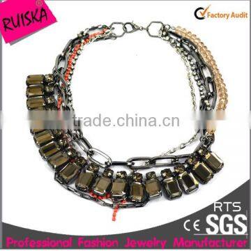 fashion multi layers alloy and pink beads rhinestone chains grey acrylic chunky necklace statement