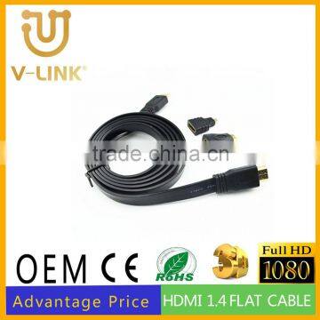 Gold plated hdmi cable 1.5m black flat hdmi to mini+micro+hdmi displayport 3 in 1 converter cable