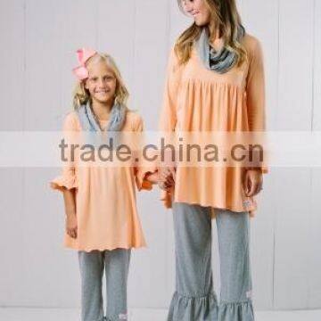 Fashion 2015 ruffle tunic top with pant sets matching mother and daugher dress family clothing set for women