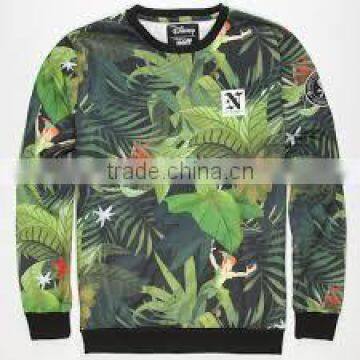100% Polyester Pullover Crew Neck Sublimated Black Sweat Shirt with Green Leaves artwork