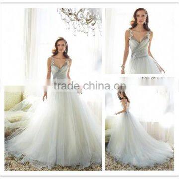 High Quality wedding dress 2016 off shoulder Sexy V neckline tulle skirt wedding dress DM-042 new fashion grey bridal dress