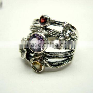 Amethyst & Garnet 925 Sterling Silver Handmade Ring, Gemstone Silver Jewelry, Designer Oxidized Silver Handmade Ring photo-2