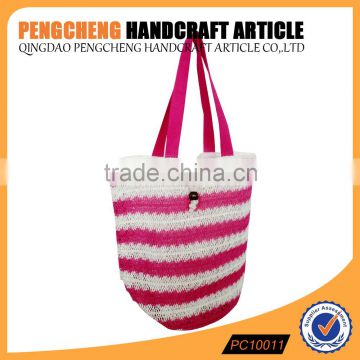 Paper straw beach bag pink color women stripe crochet handbag