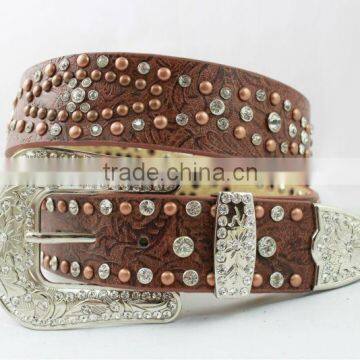 2015 New Design Western rhinestone leather floral embossed belt with crystals and studs