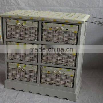 High Quality brushed-grey paulownia wood ironing cabinet with 6 willow baskets
