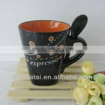 11oz Inner Orange Glazed Bottom Square Ceramic Espresso Mug with Spoon