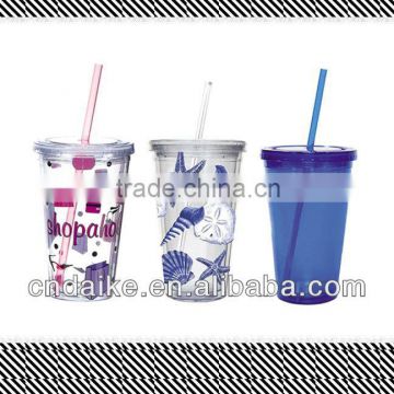 16oz double wall plastic tumbler with sliding lids and silicone straw