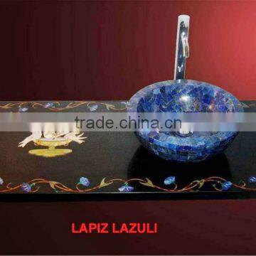 Lapis Gemstone Kitchen Sink Bowl With Marble Inlay Counter Top