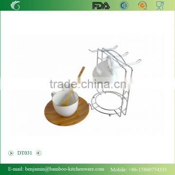 DT031/ Stainless Steel Holder,Ceramic cup,Bamboo Plate and Spoon Coffee & Tea Set