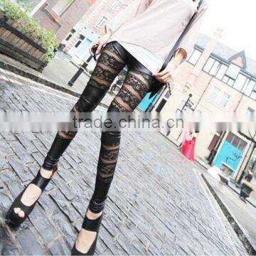 Manufacturers wholesale flower mesh spell leather pants,nine point leather leggings