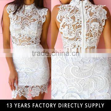 2016 Hot Selling Beautiful Lady One Piece White Crochet Summer Midi Bodycon Dress With Back Zipper