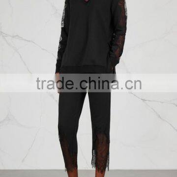Wholesale Women Apparel Ribbed Trims Black Lace-insert Cotton Blend Sweatshirt(DQE0320T)