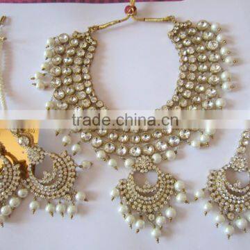 CRYSTAL PEARL Gold Plated Kundan Pendant Necklace CHAND BALI EARRING Set photo-2