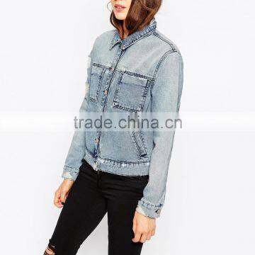 Ripped Light Blue Cool Women Parka Jacket Custom Designs photo-3