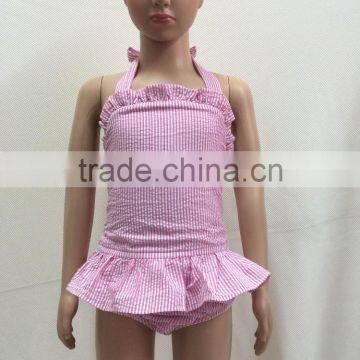 Girl's One Piece Ruffle Swimsuits by Pink Seersucker Fabric