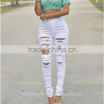 2016 Women Pants Ladies Casual White and Black With Waist-length Ripped Distressed Skinny Female Jeans photo-2