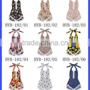 Wholesale Yiwu Cheap Kids Clothes Flower Printed Halter Sleeveless Lace Froal Baby Girl Vintage Romper Leotard Bodysuit photo-2