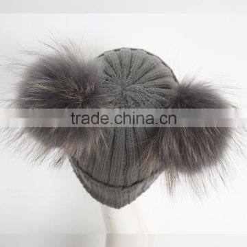 Myfur Dark Grey Wool Knitting Hat With Detachable Raccoon Fur Pom Poms photo-6