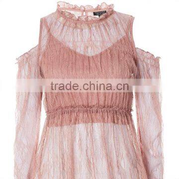 2017 OEM Spring Romantic Pink Lace Frill Strapless Women's Blouses photo-5
