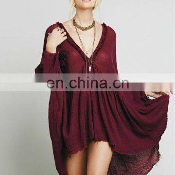 High Quality Raw Hem Cotton Gauze Dress Fashion High Low Tunic Dress photo-6