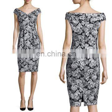 New arrive fashion cap-sleeve high waist women floral jacquard sheath evening dress 2016