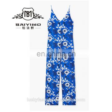 2016 baiyimo deep v neck thin straps floral printed women long jumpsuit