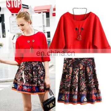 spring autumn new fashion clothes print short skirt with plain pullover two piece set outfit for women