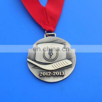 ice hockey bronze medal, zinc alloy metal medal with red ribbon