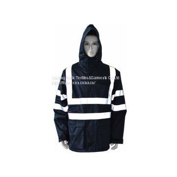 Protective Navy Blue Flame Retardant Jacket With Reflective Tape and Hood