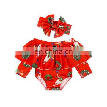 Fashion off Shoulder Long Sleeve Ruffle Baby Romper Bodysuit and Floral Headband 13 Styles You Can Choose photo-2