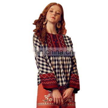 TWOTWINSTYLE Embroidery Plaid Print O Neck Flare Long Sleeve Loose Pullover Shirt Female