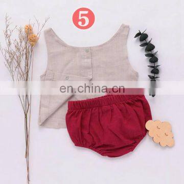 RTS Australia Hot Sale Baby Infant Linen 2pcs Set Buttons Vest Tops Solid Bloomers Korean Girls Linen Outfits photo-7
