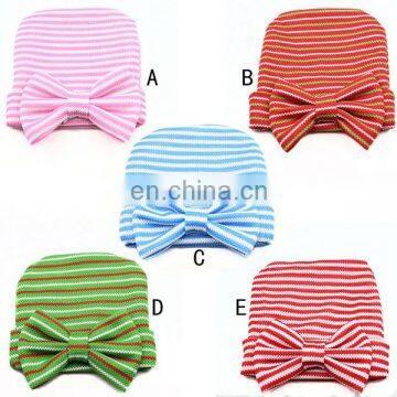 Infant Beanie Newborn fabric striped Caps Baby Sweet Hat with big bow 5colors