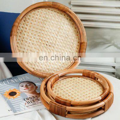 Hand Weave Rattan Tray Round Coffee Table Serving Tray for Table Handwoven Basket for Breakfast Wholesale