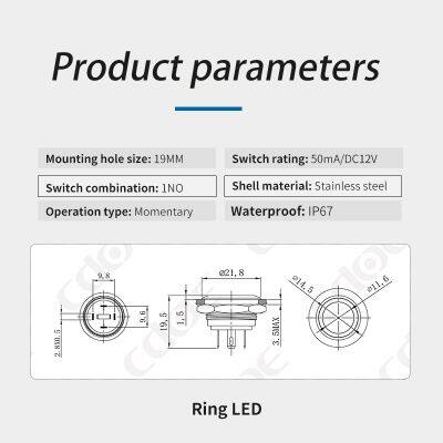 Ip67 19mm Flat Head Ring 12v 1NO Mini Push Button Switch 4 Pin Connection Momentary With Led photo-3