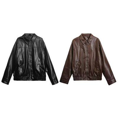 Retro loose lapel zipper faux leather pilot jacket for women's street fashion American motorcycle suit