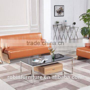 RB-1503 black stoving varnish rectangular wooden drawer tempered glass coffee table with stainless steel chinese tea table