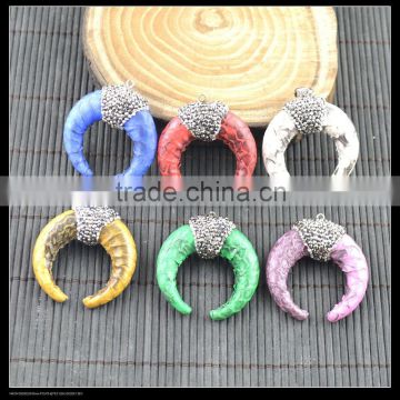 LFD-0052P ~ Wholesale Mixed Color Snakeskin Pendant , with Crystal Rhinestone Paved Crescent Moon Horn Pendants Jewelry Finding