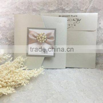 hot sale noble pocket fold wedding invitation cards with pearl decoration and ribbons